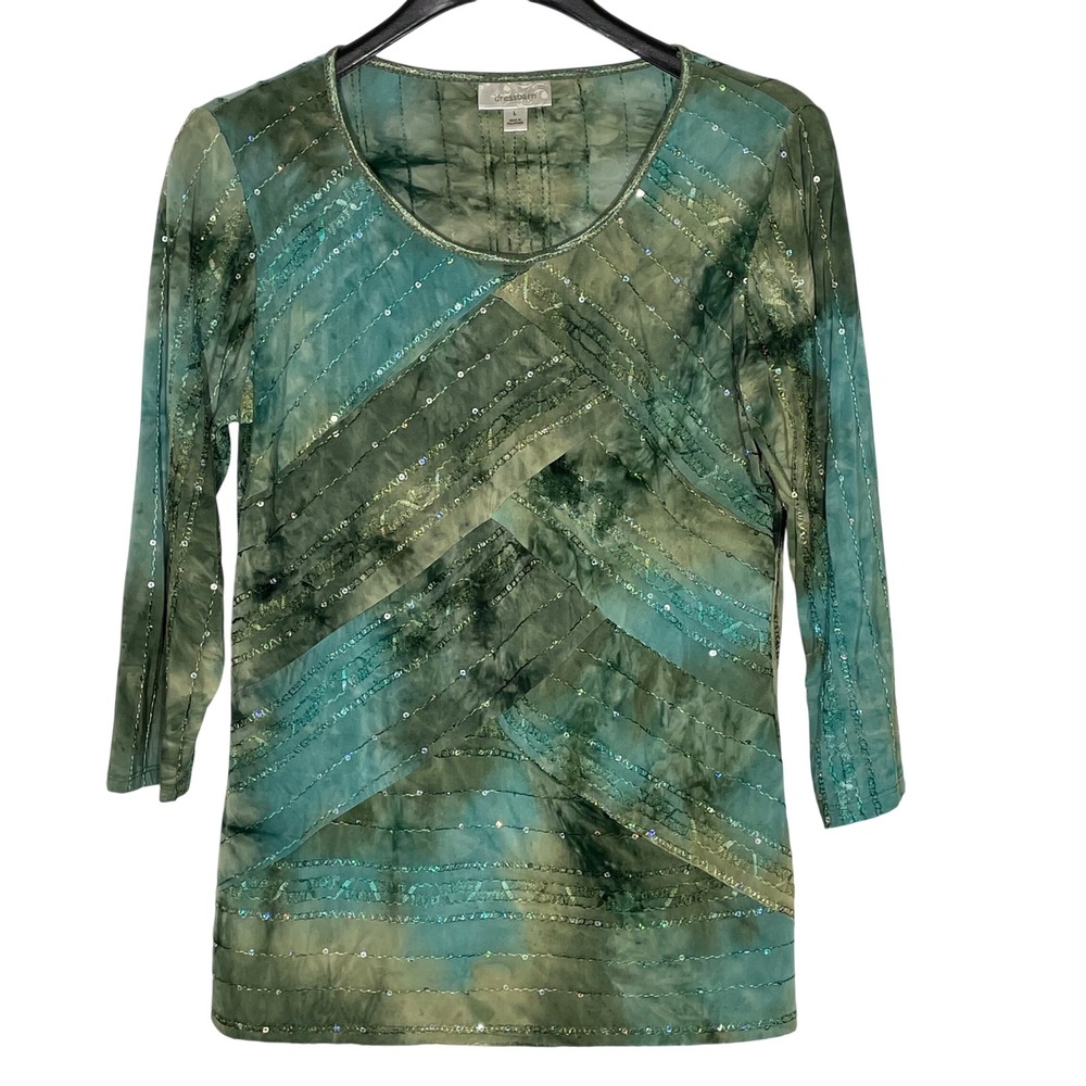 Dressbarn Vintage Y2K Sequin Top Sz LG Green Forest Fairy Stretch